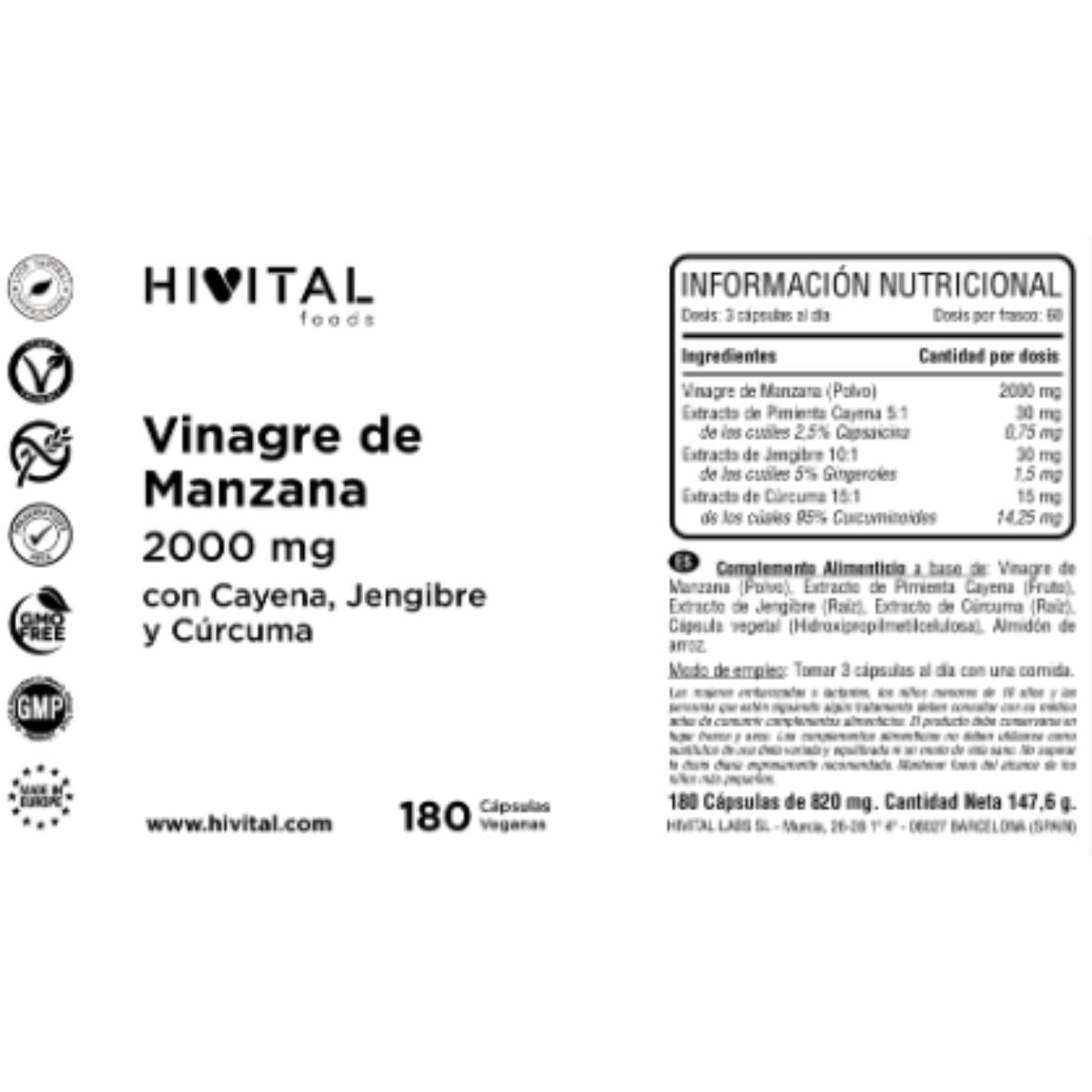 Vinagre de maçã 2000 mg 180 cápsulas vegan Hivital