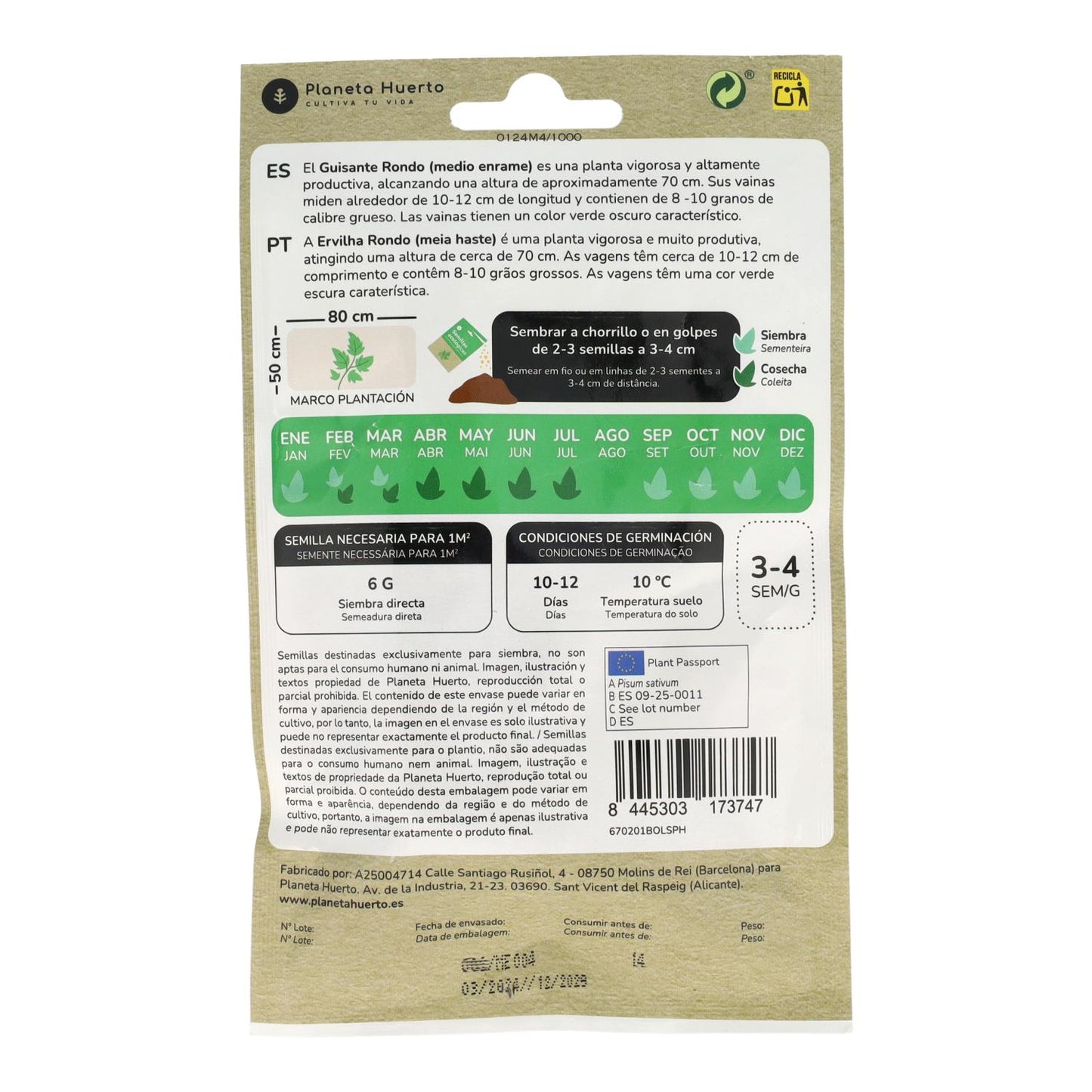 Sementes de ervilha redondas biológicas 1/2 cacho Planeta Huerto