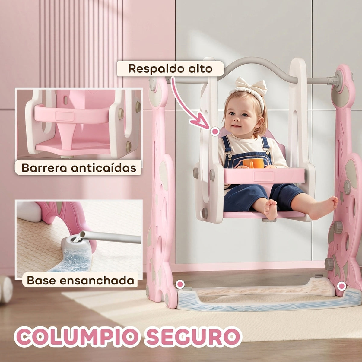 Aiyaplay Tobogán Infantil 4 En 1 Con Columpio Y Tobogán Para Interior Rosa_5