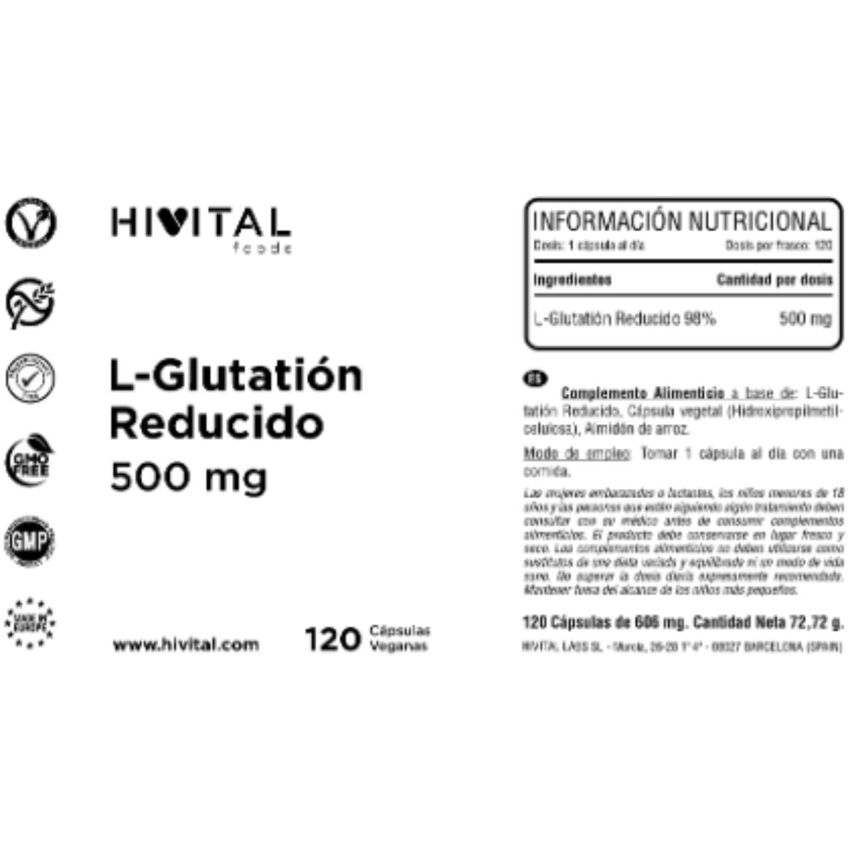 L-Glutationa Reduzida 500 mg 120 cápsulas vegan Hivital