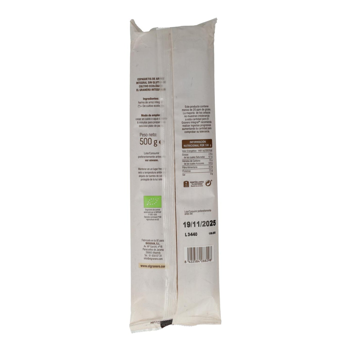 Esparguete El Granero de Arroz Integral Sem Glúten, 500 g
