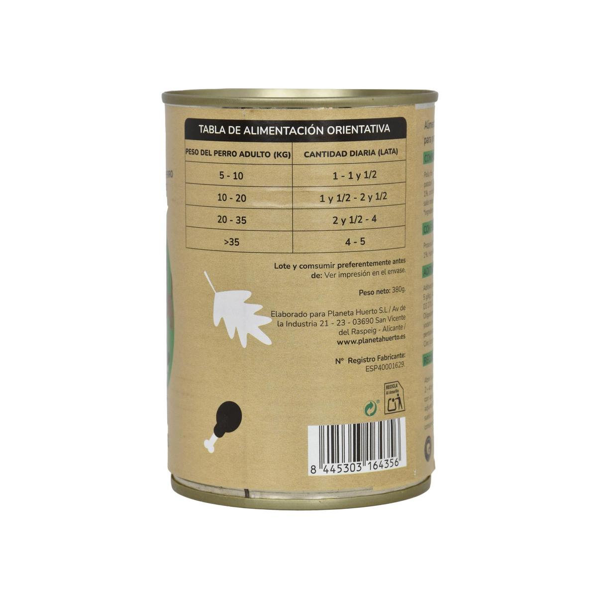 Embalagem de 6 rações húmidas superpremium sem cereais para cães, frango e pato, 380 g, Planeta Huerto
