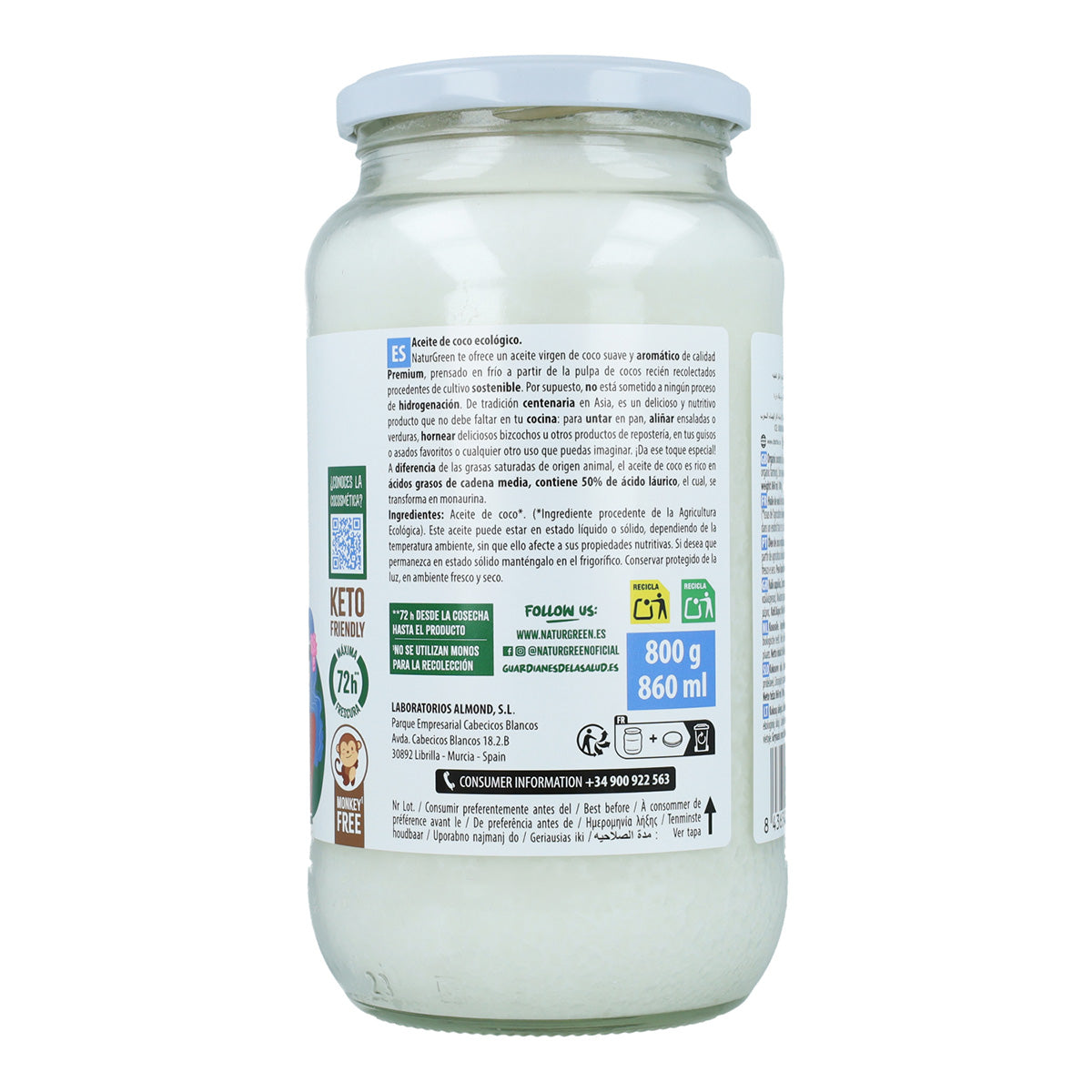 Embalagem de 2 x Óleo de Coco Virgem Cru Biológico, NaturGreen, 800 g