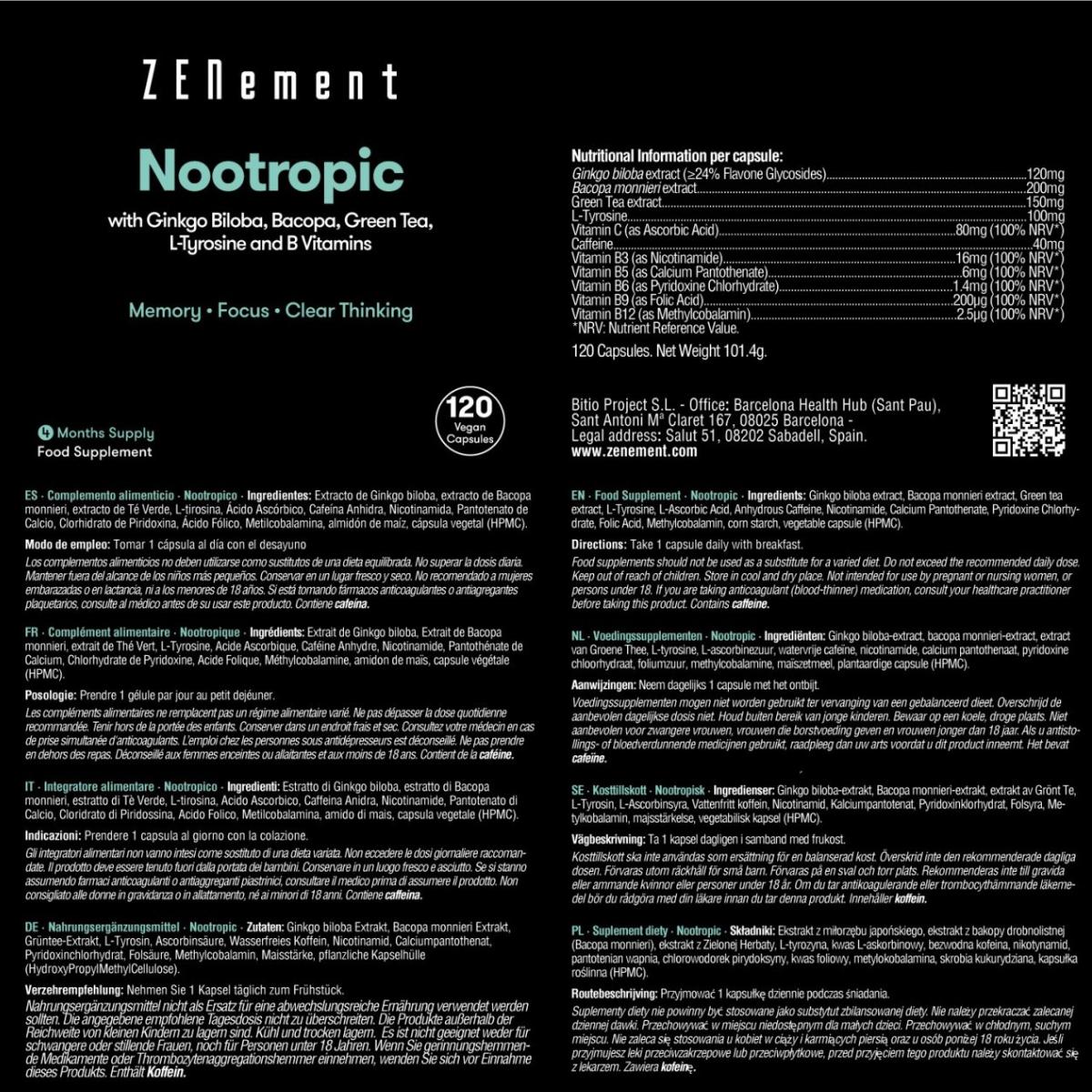 Nootrópico, com ginkgo biloba, bacopa, teanina, tirosina e vitaminas do complexo B Zenement, 120 comprimidos