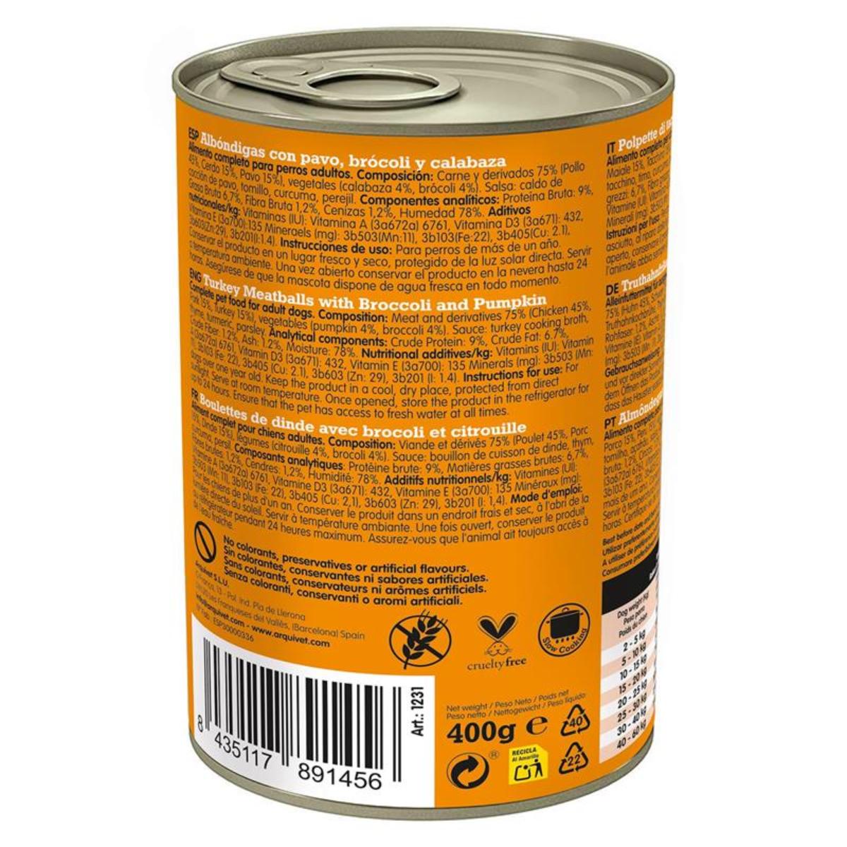 Almôndegas de Peru Fresco Arquivet 400 g Ração húmida para cães com peru, brócolos e abóbora