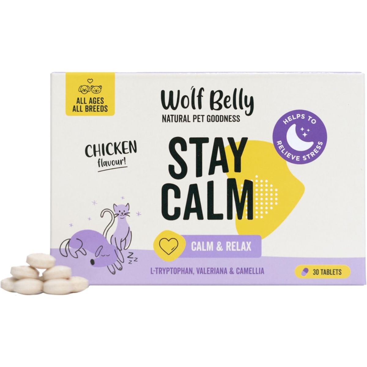 Wolf Belly Stay Calm Calmante Sabor a Frango para Cães e Gatos 30 comprimidos