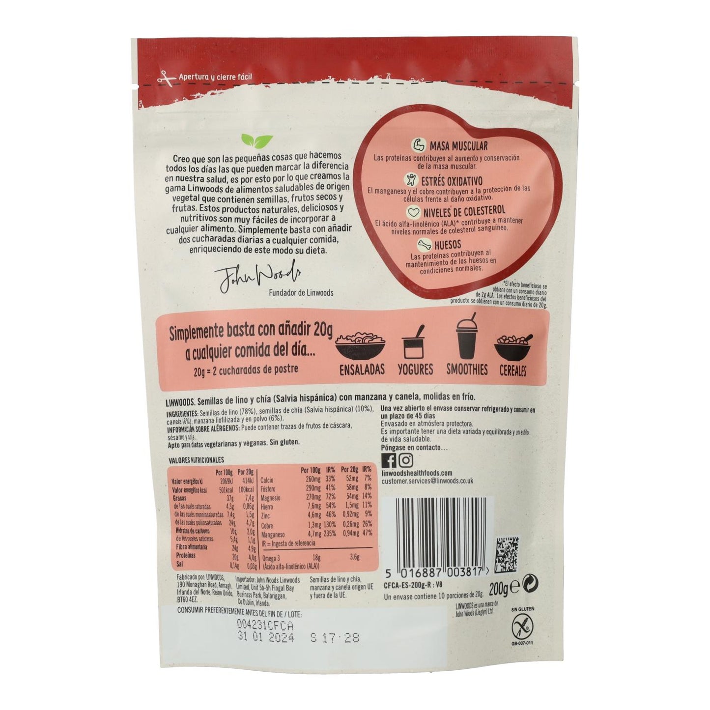 Sementes de linhaça e chia moídas a frio Linwoods com maçã e canela 200g