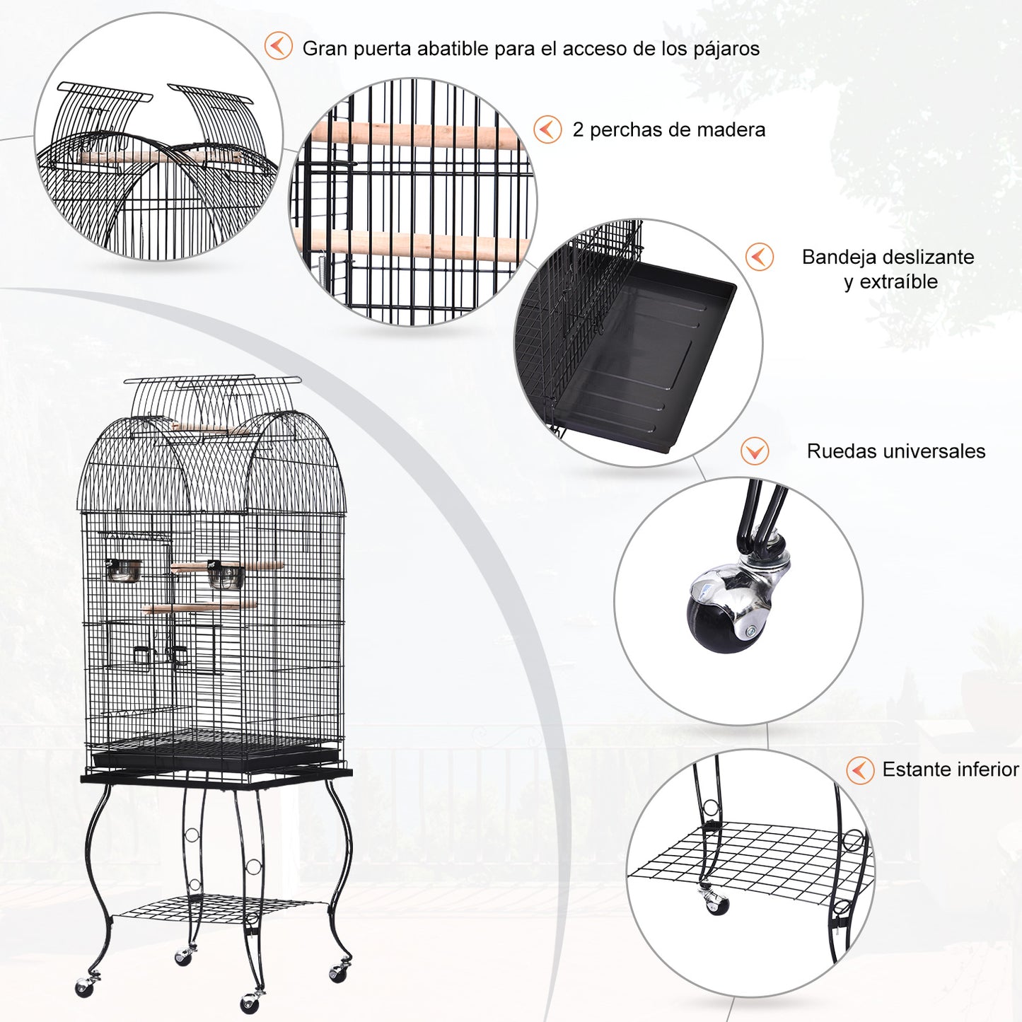 Pawhut Jaula Para Pájaros Con Soporte Con Ruedas Bandeja Extraíble Y 2 Comederos_5