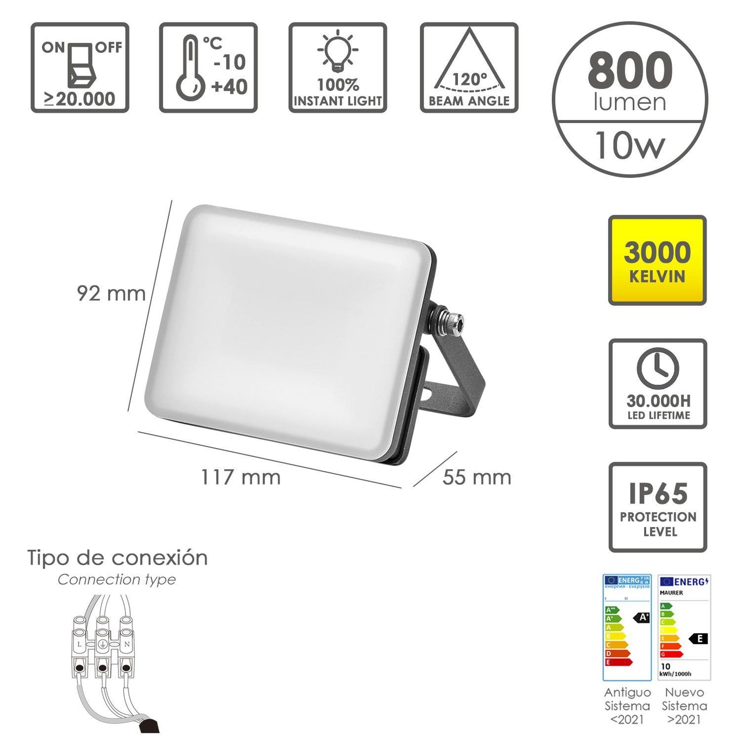 Foco Led Plano Potencia 10 Watt. 800 Lumenes. Luz Calida 3000ºk Protección Ip65. Cuerpo Aluminio. Foco Exteriores / Interiores