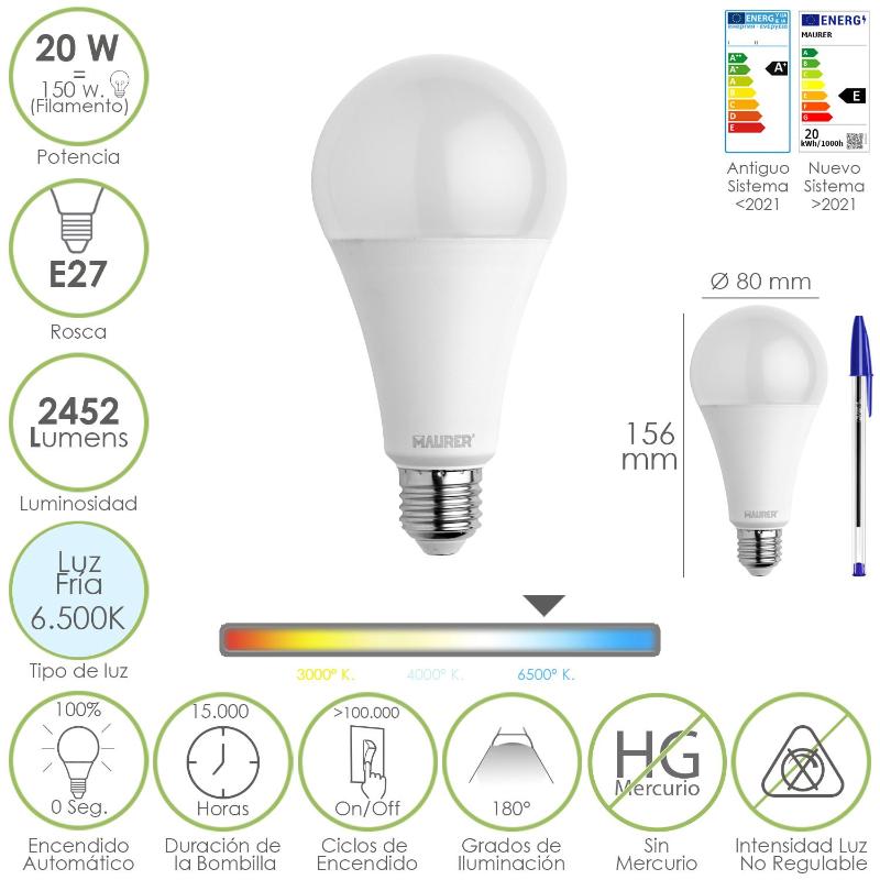 Bombilla Led Estandar Rosca E27. 20 Watt. Equivale A 150 Watt. 2452 Lumenes. Luz Fria (6500º K.)_0