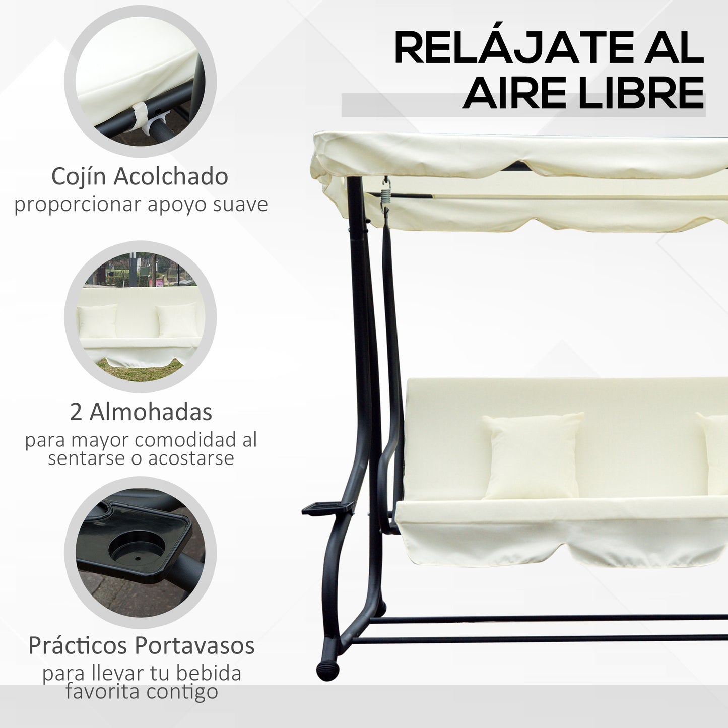 Outsunny Columpio Balancín Jardín Convertible En Cama Techo Ajustable Beige_5