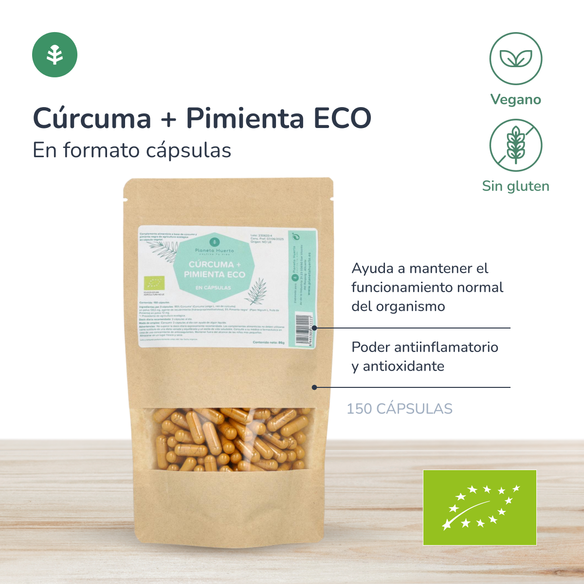 Cúrcuma + Pimenta BIO Planeta Huerto 150 cápsulas