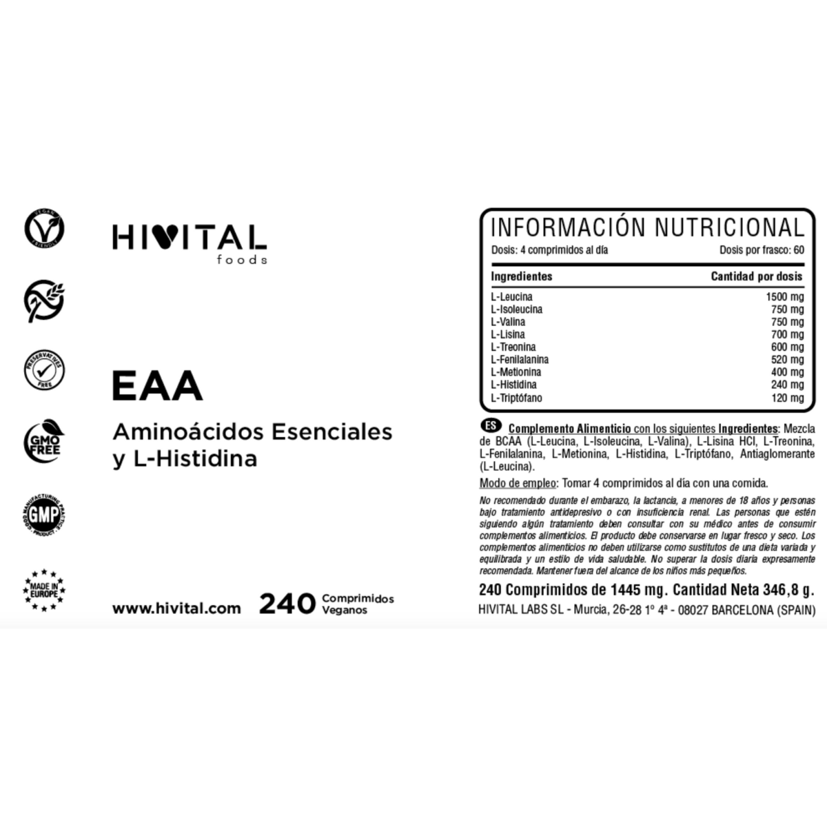 Aminoácidos essenciais EAA Hivital 240 comprimidos vegan