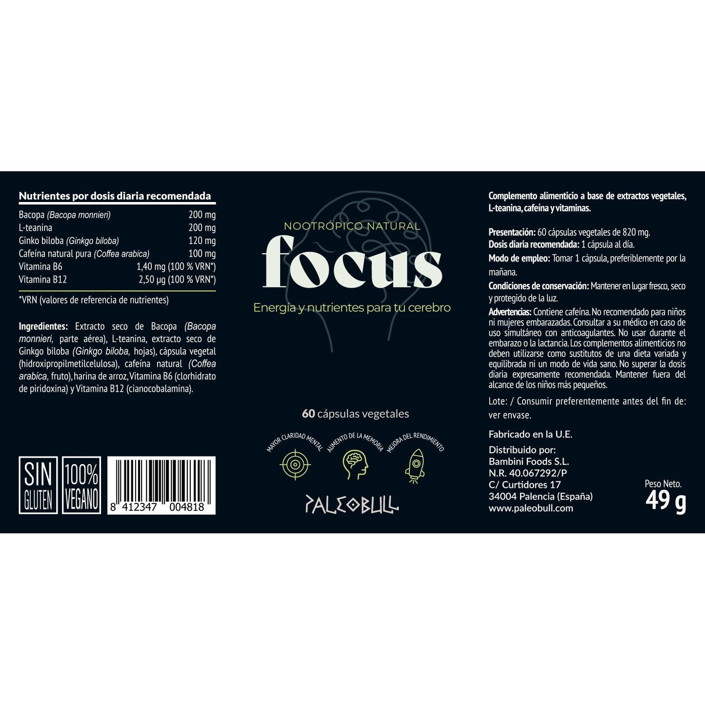 Focus Natural Nootropic Paleobull 60 Cápsulas