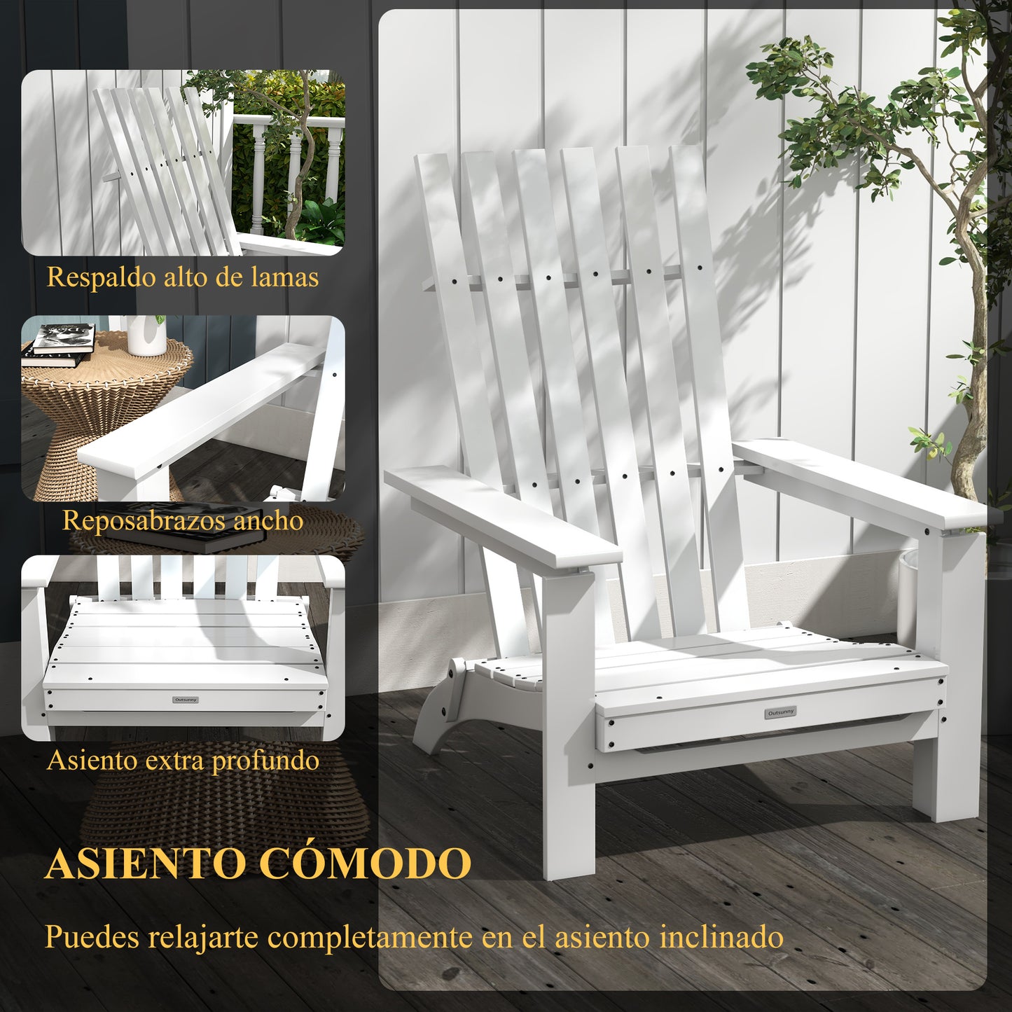 Outsunny Silla Adirondack De Madera Plegable Con Reposabrazos 68x81x93 Cm Blanco_5