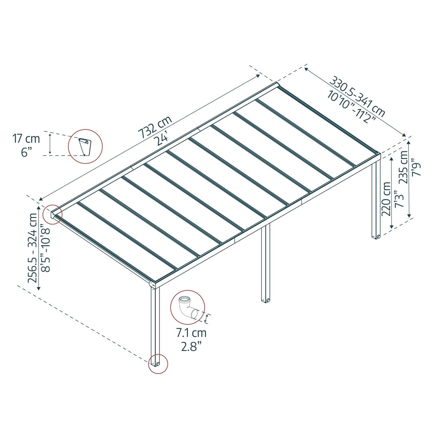 Pérgola anexa Stockholm 342x740 cm