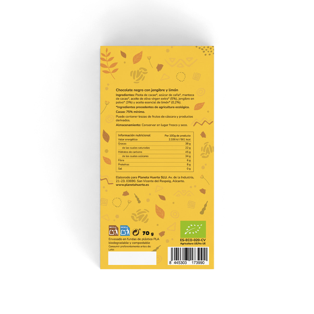 Barra de chocolate negro 75% com gengibre e limão ECO Planeta Huerto 70 gr