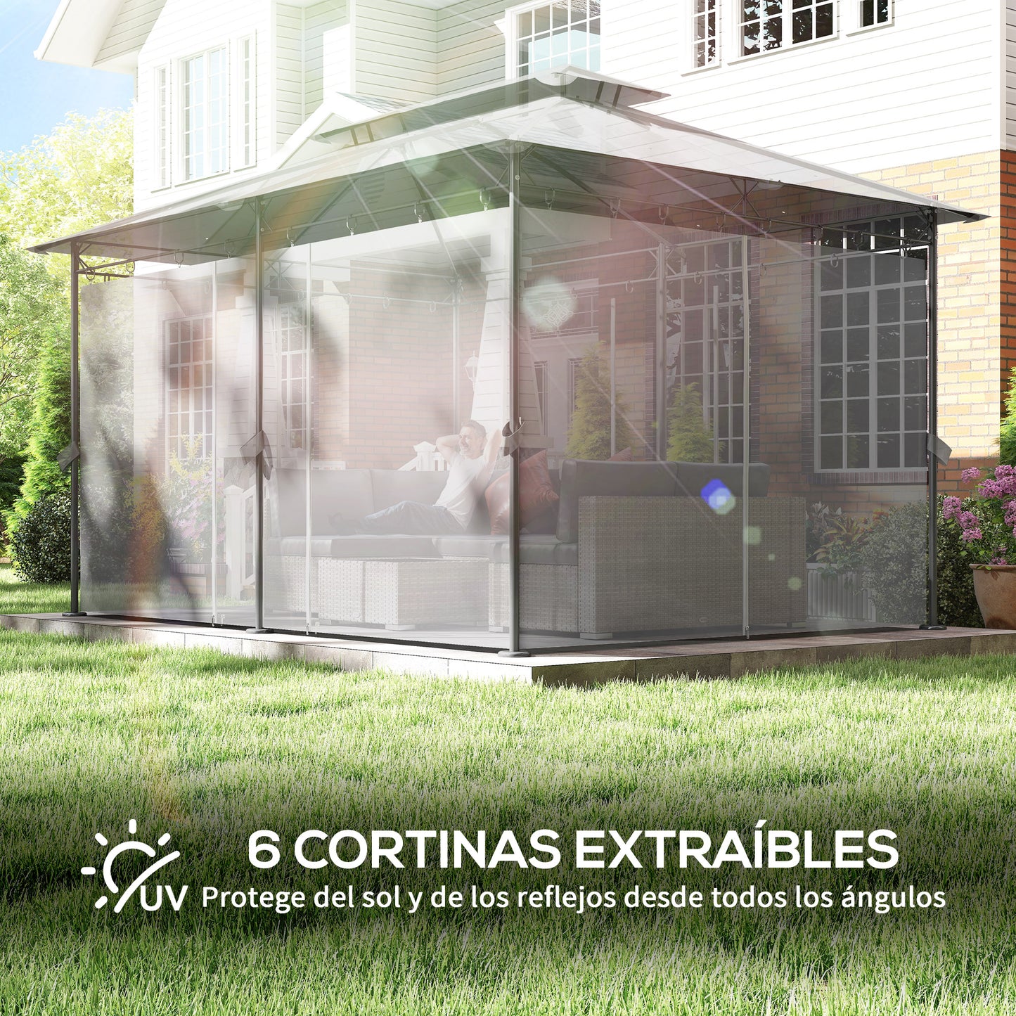 Outsunny Cenador Para Jardín 4x3 M Con Doble Techo Paredes Laterales Gris Oscuro_5