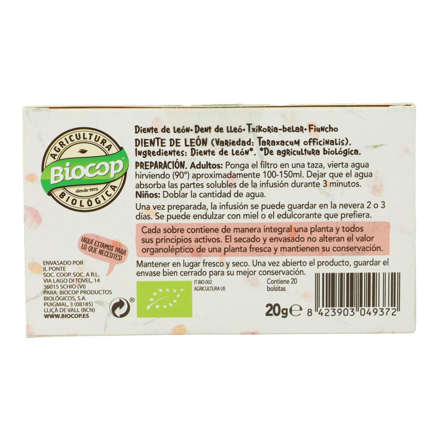 Biocop Chá Giardino Dente de Leão 20 Saquetas de Chá