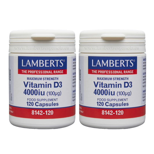 Embalagem 2x Vitamina D3 4000UI (100 µg) Lamberts, 120 cápsulas