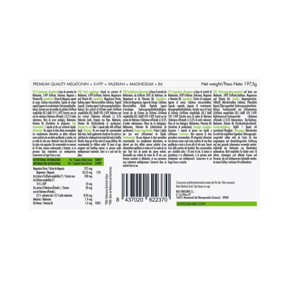 Melatonina com Magnésio, 5-HTP, Valeriana e Vitamina B6, 250 cápsulas. Aldous Labs
