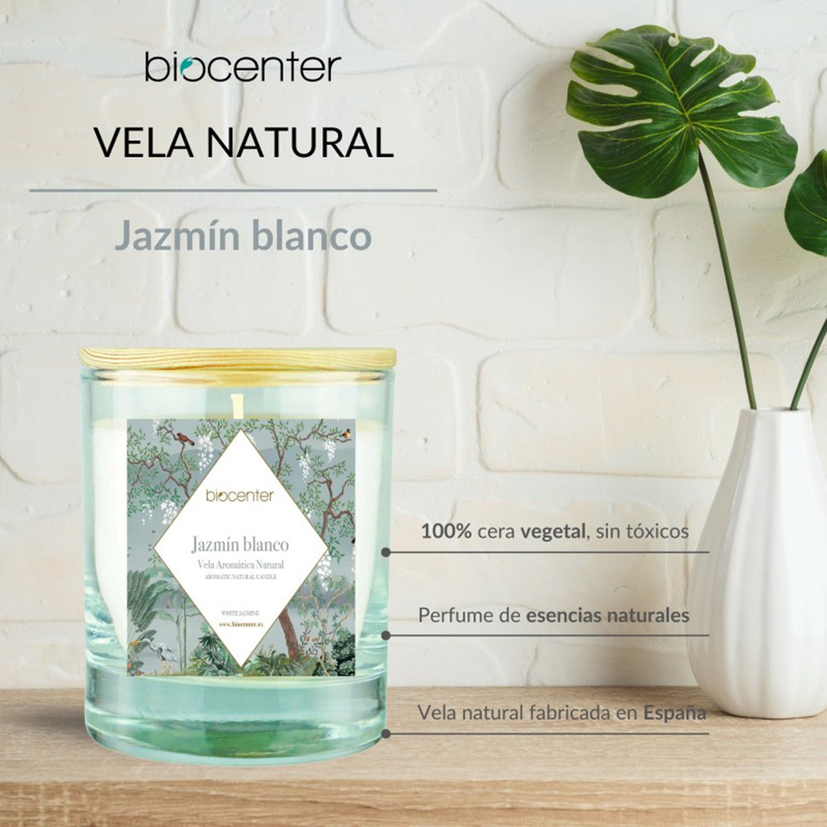 Vela Natural de Jasmim Branco - Cera Vegetal e Óleos Essenciais, Biocenter, 200 g