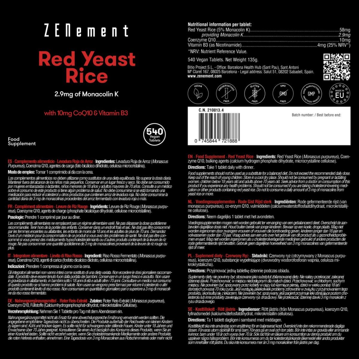 Arroz vermelho fermentado, com 2,9 mg de Monacolina K + 10 mg de CoQ10 + 4 mg de Vitamina B3 Zenement, 540 comprimidos