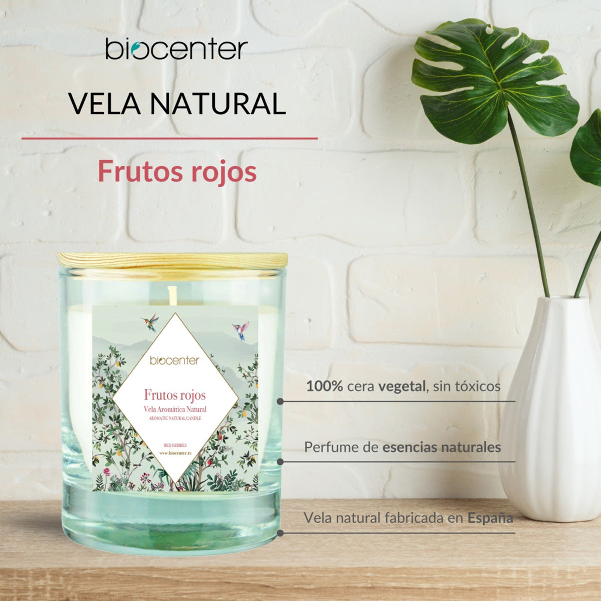 Vela natural com frutos vermelhos - cera vegetal e óleos essenciais, Biocenter, 200 g