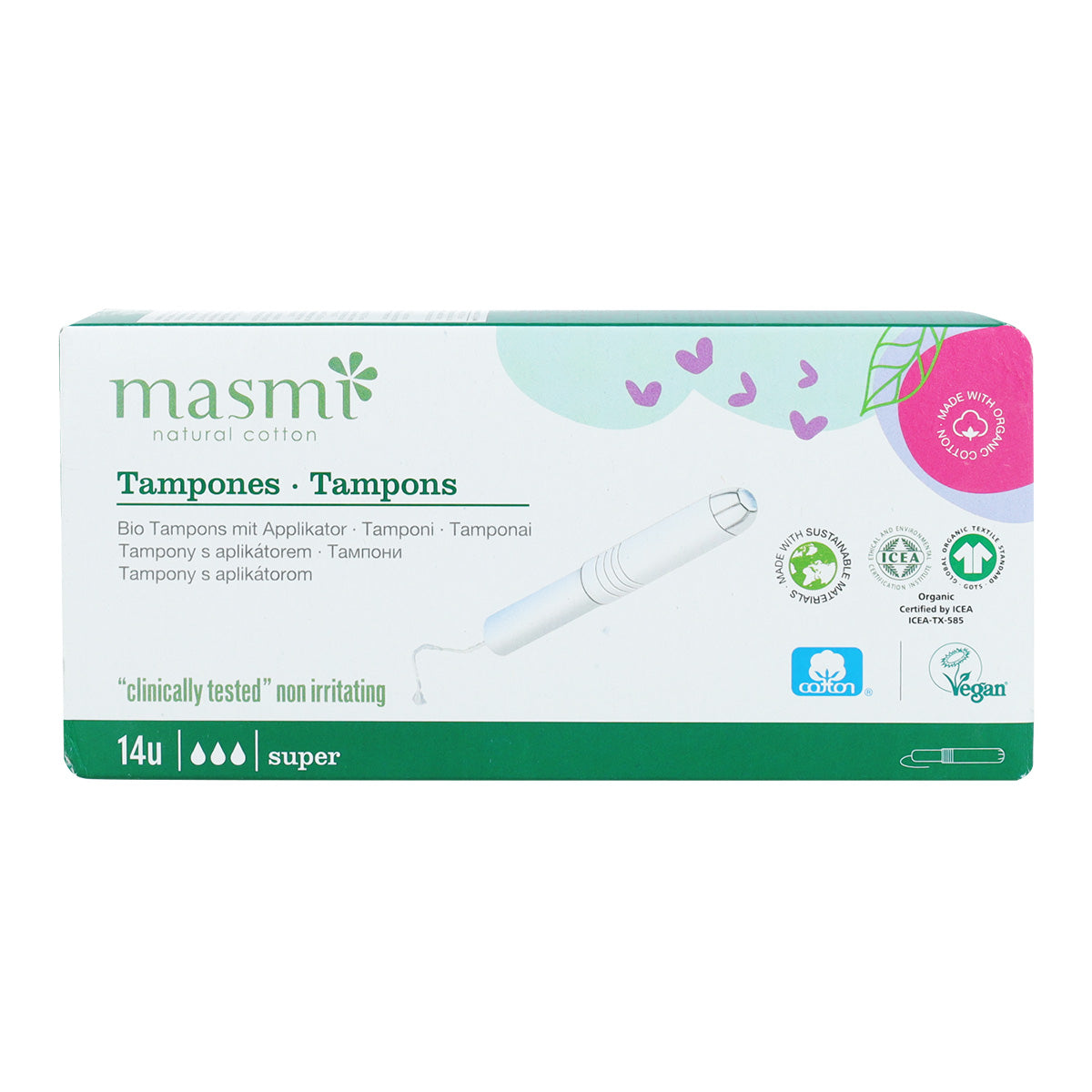 Tampão Masmi Eco Cotton Super com aplicador, 14 unidades