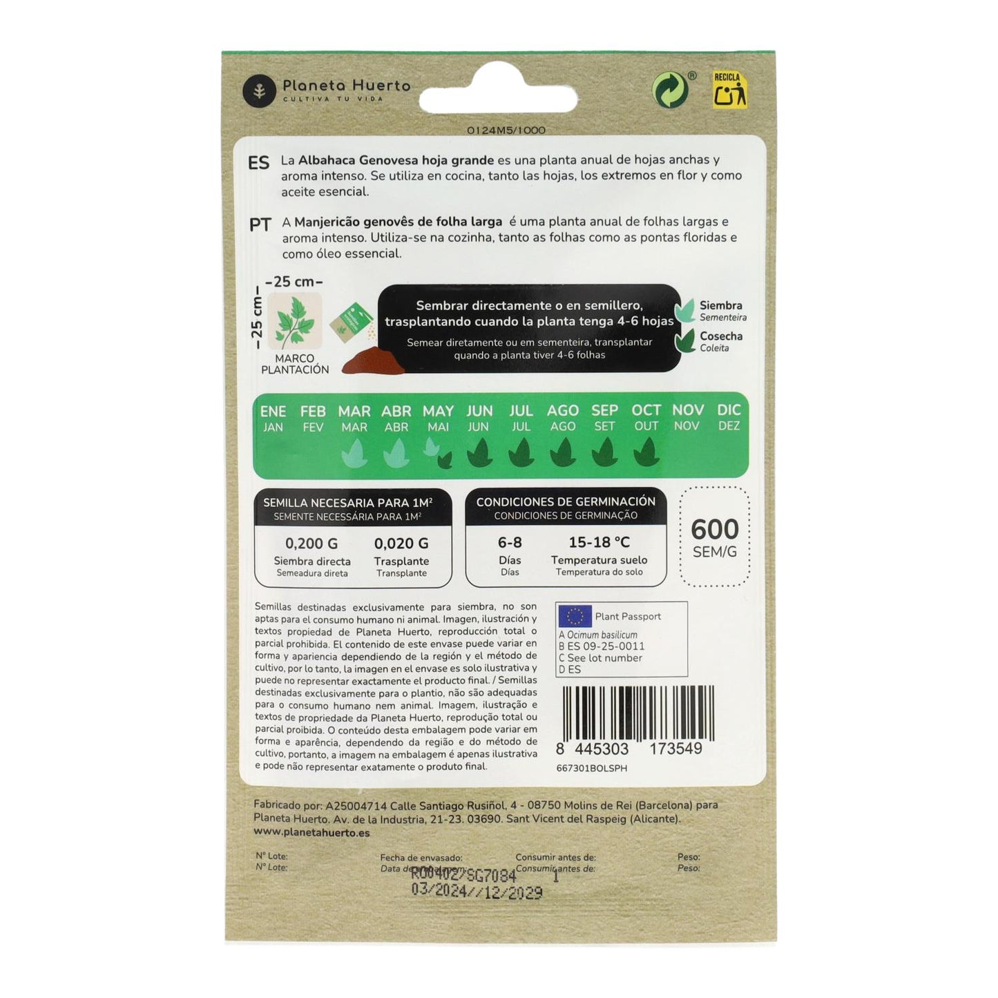 Sementes de manjericão genovês biológico Planeta Huerto