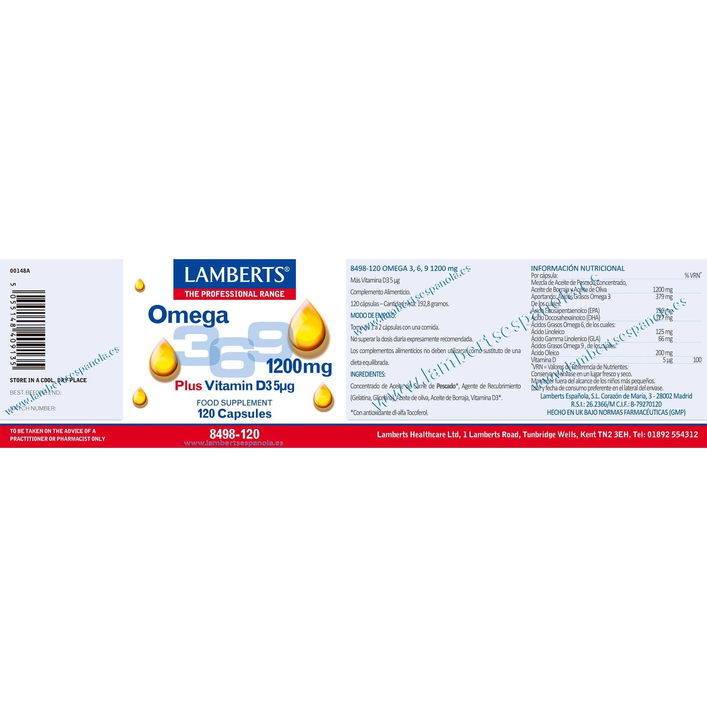 Embalagem 2x Ómega 3-6-9 com Vitamina D3 Lamberts 120 Cápsulas