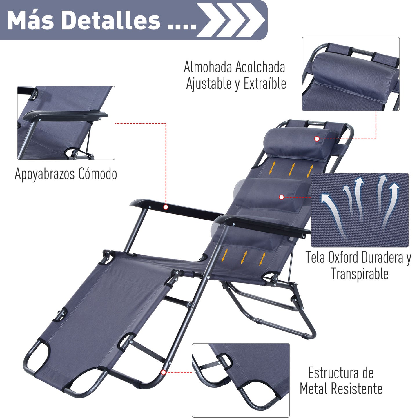 Outsunny Tumbona Reclinable Y Plegable Con Respaldo Ajustable 135x60x89 Cm Gris_5