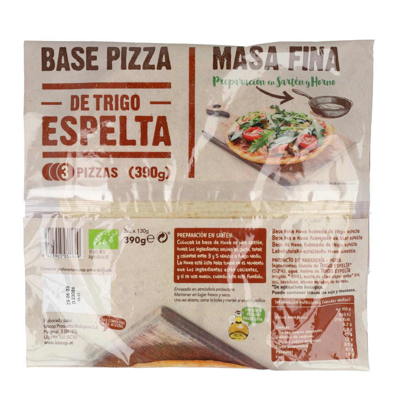 Embalagem de 2x Base de Pizza de Espelta de Massa Fina Biocop (3 bases) 390 g