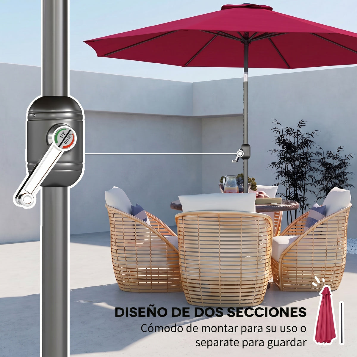 Outsunny Sombrilla De Jardín Ø295x250 Cm Con Manivela E Inclinación Vino Tinto_5