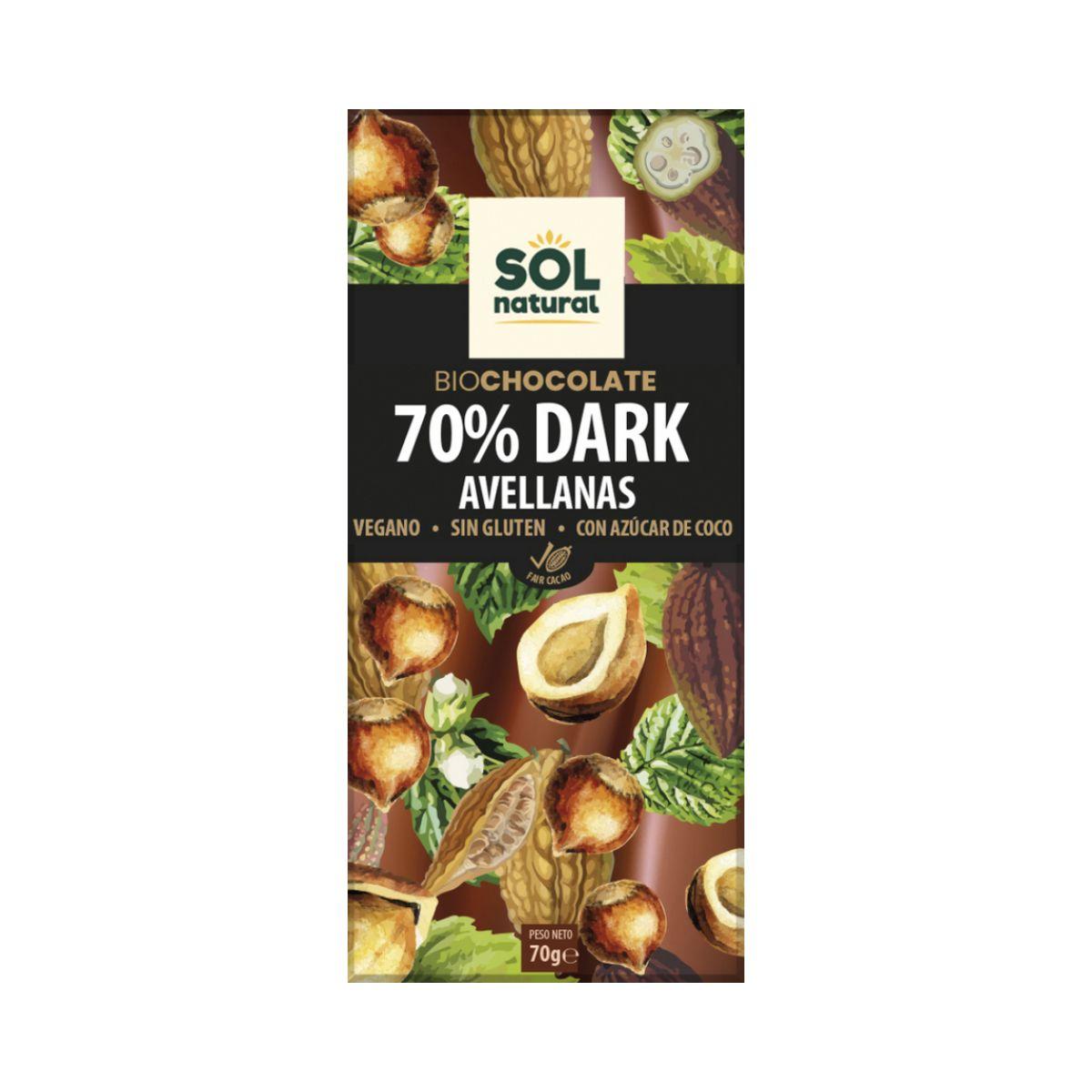 Sol Natural Biológico 70% Chocolate Negro Vegan com Avelãs 70g
