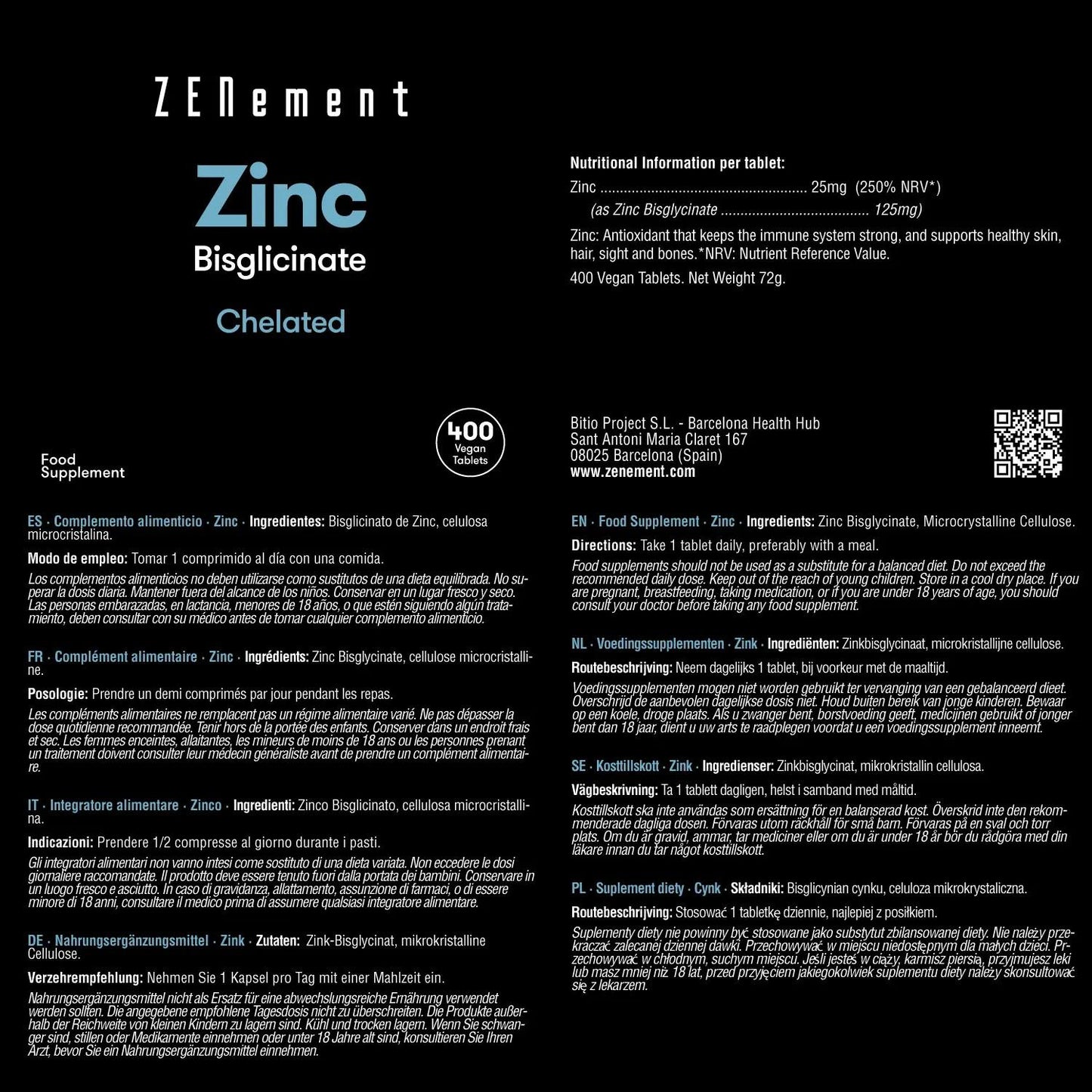 Zinco 25 mg (bisglicinato) alta dosagem zenement 400 comprimidos