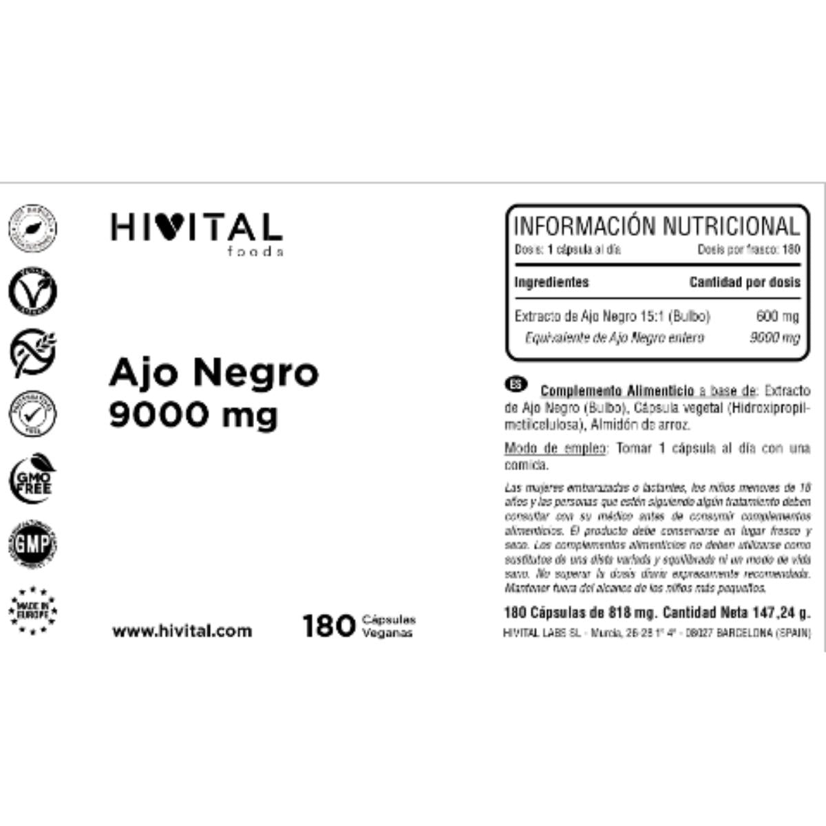 Alho preto 9000 mg 180 cápsulas vegan Hivital