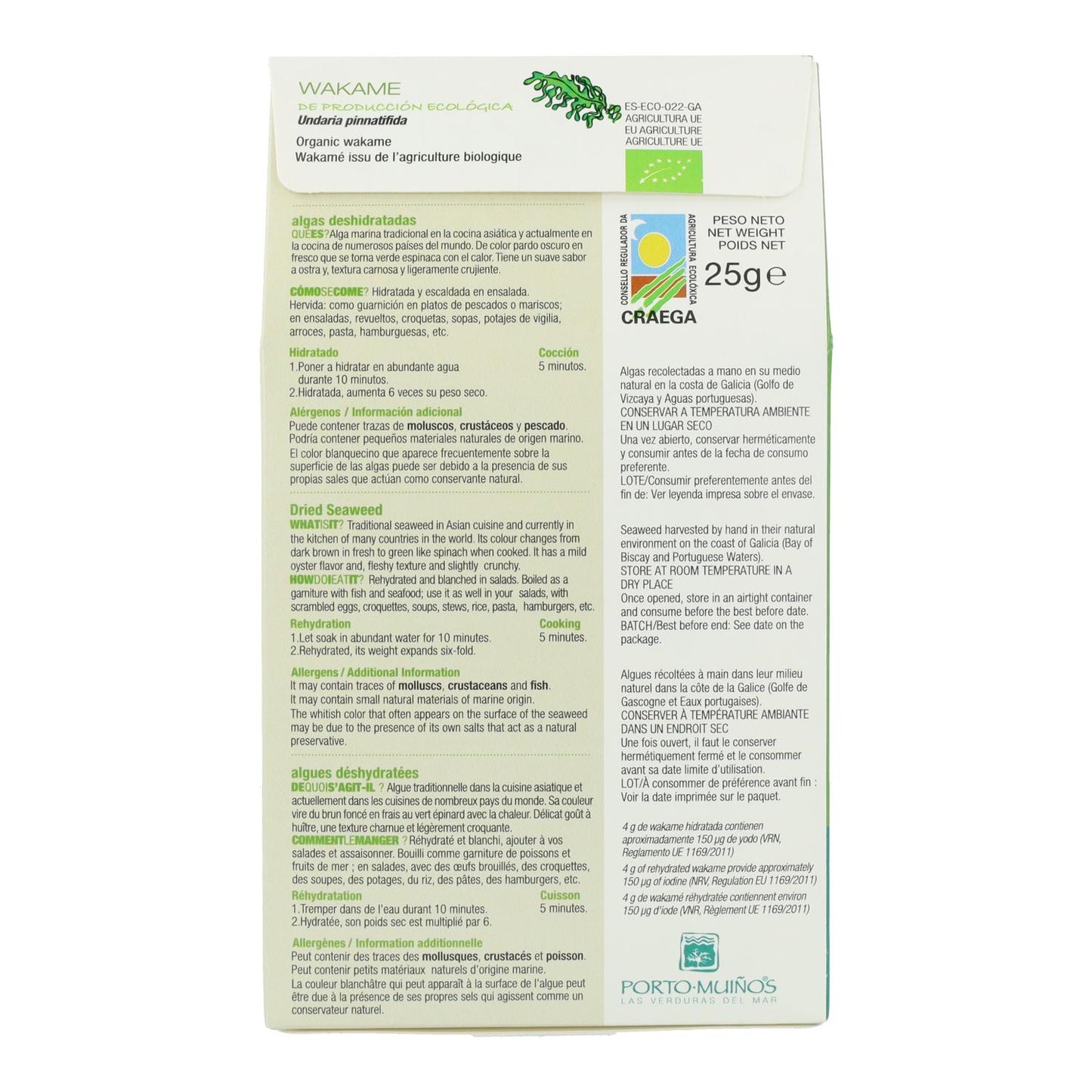 Algas biológicas Wakame Porto Muiños, 25 g