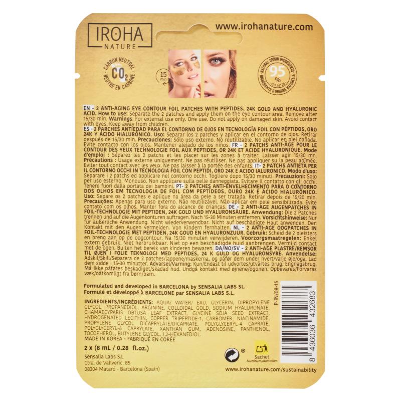 Adesivos anti-idade para os olhos Iroha Nature Foil com peptídeos, ouro 24K e ácido hialurónico, 2 x 8 ml