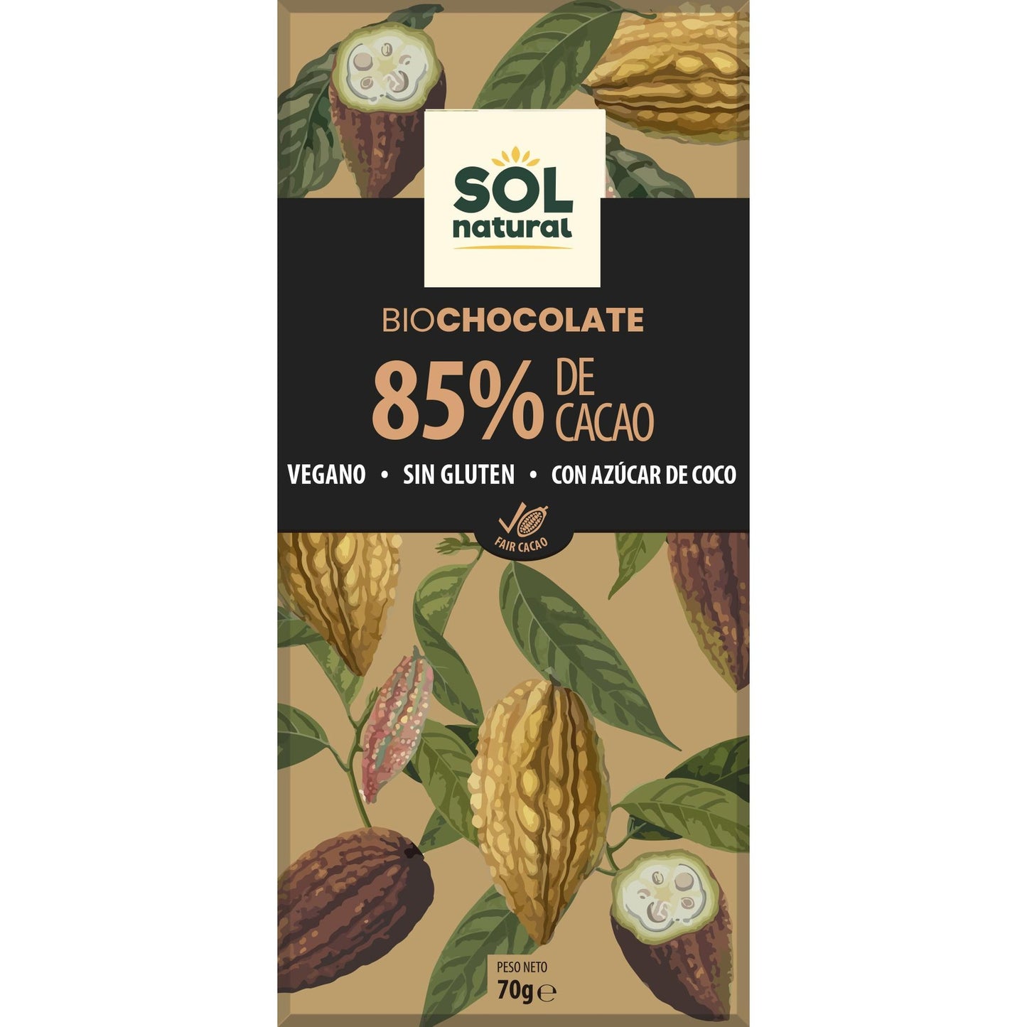 Barra de Chocolate Negro Vegan 85% Bio Sol Natural 70 g