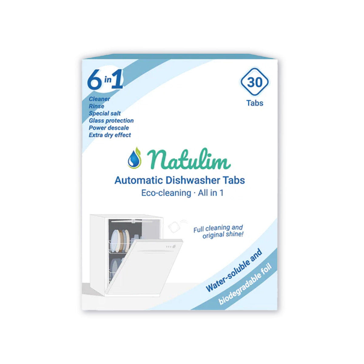 Embalagem com 2 pastilhas Eco 6 em 1 para máquina de lavar loiça, Natulim, 30 unidades