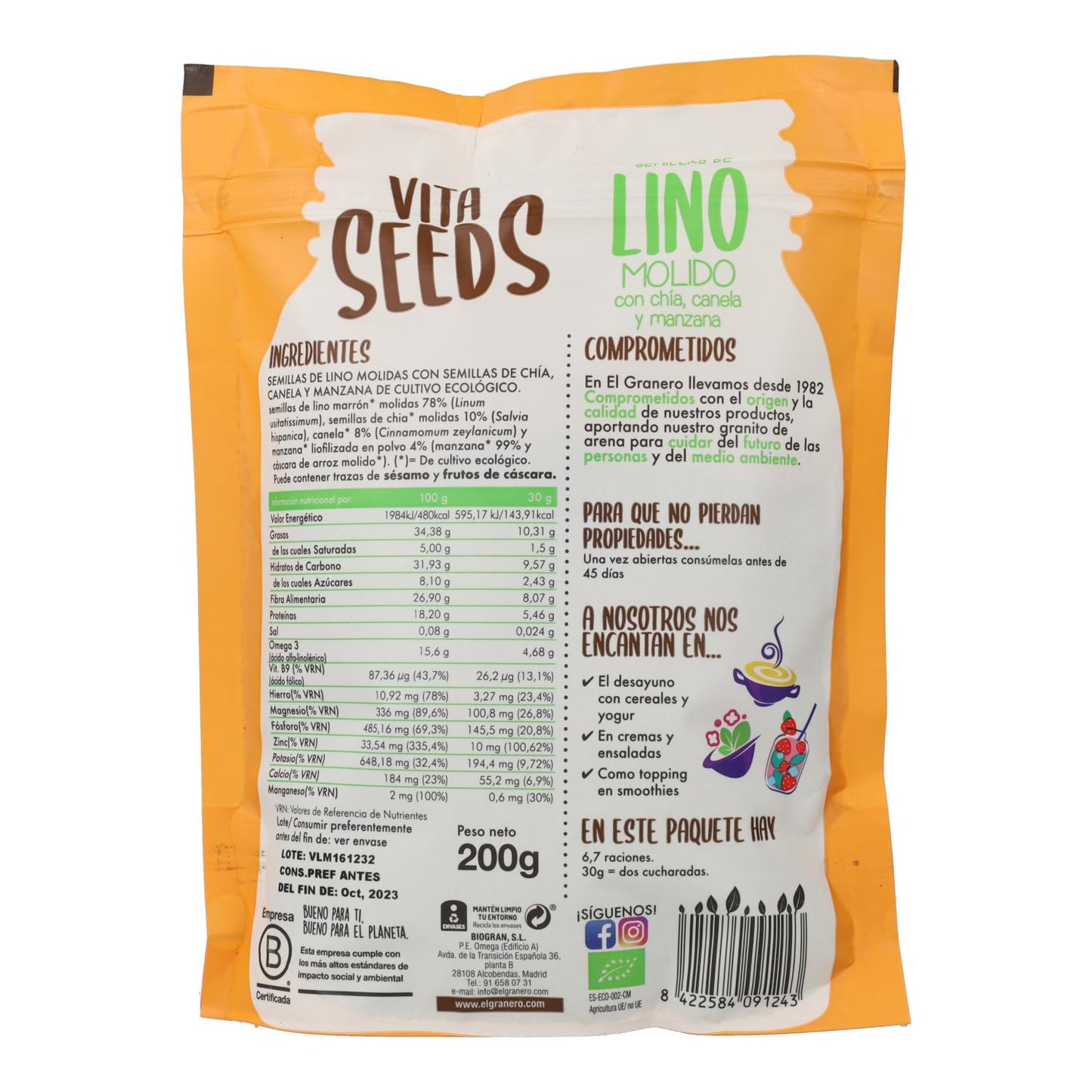 Sementes de Linho, Chia, Maçã e Canela Vitaseeds Bio El Granero, 200 g