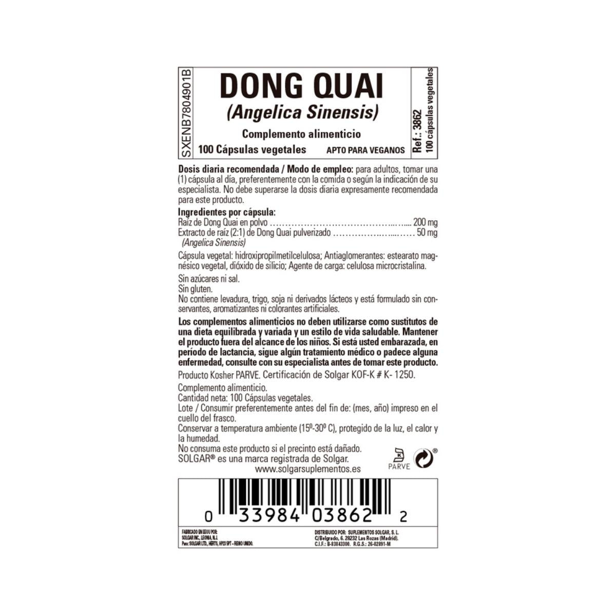 Dong Quai (Angelica sinensis), 100 cápsulas vegetais