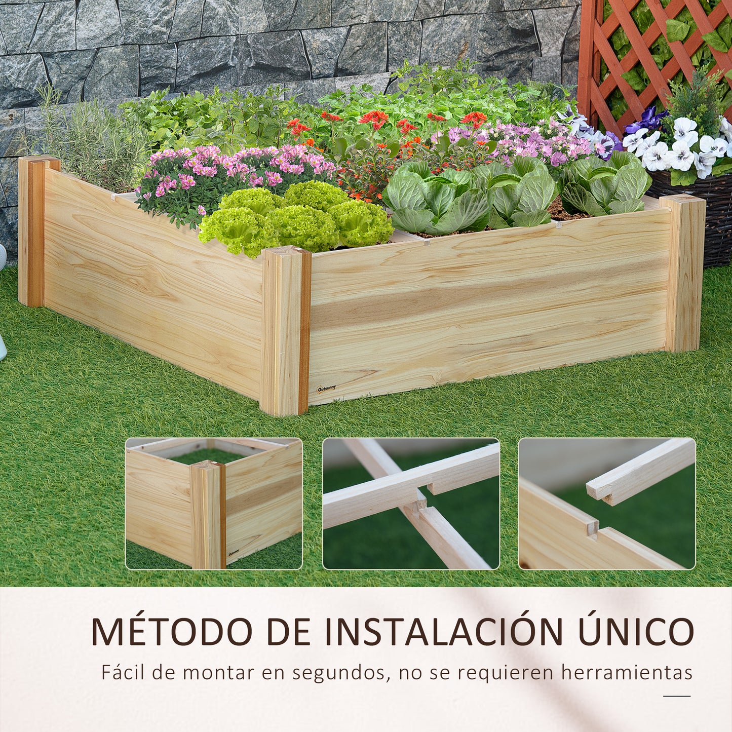Outsunny Huerto Urbano Madera Cuadrada Para Cultivos Plantas Flores 90x90x28cm_5