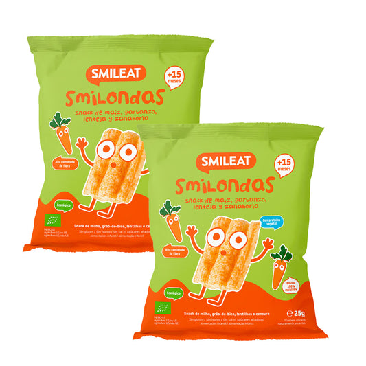 Embalagem de 2 Snacks Smilondas feitos de milho, grão-de-bico, lentilhas e cenouras biológicas, Smileat, 25 g