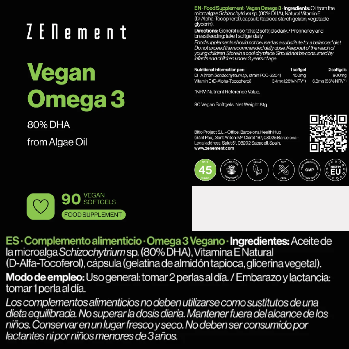 Ómega 3 vegan 80% DHA da Zenement Algae Oil 90 cápsulas gelatinosas