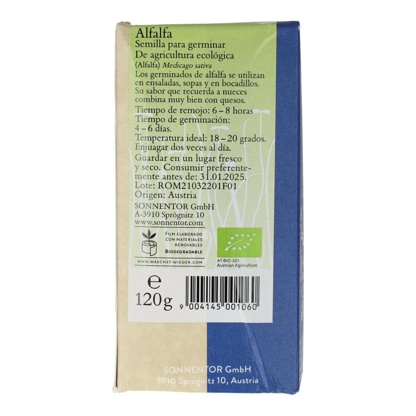 Sementes orgânicas de alfafa Sonnetor para germinação 120 g