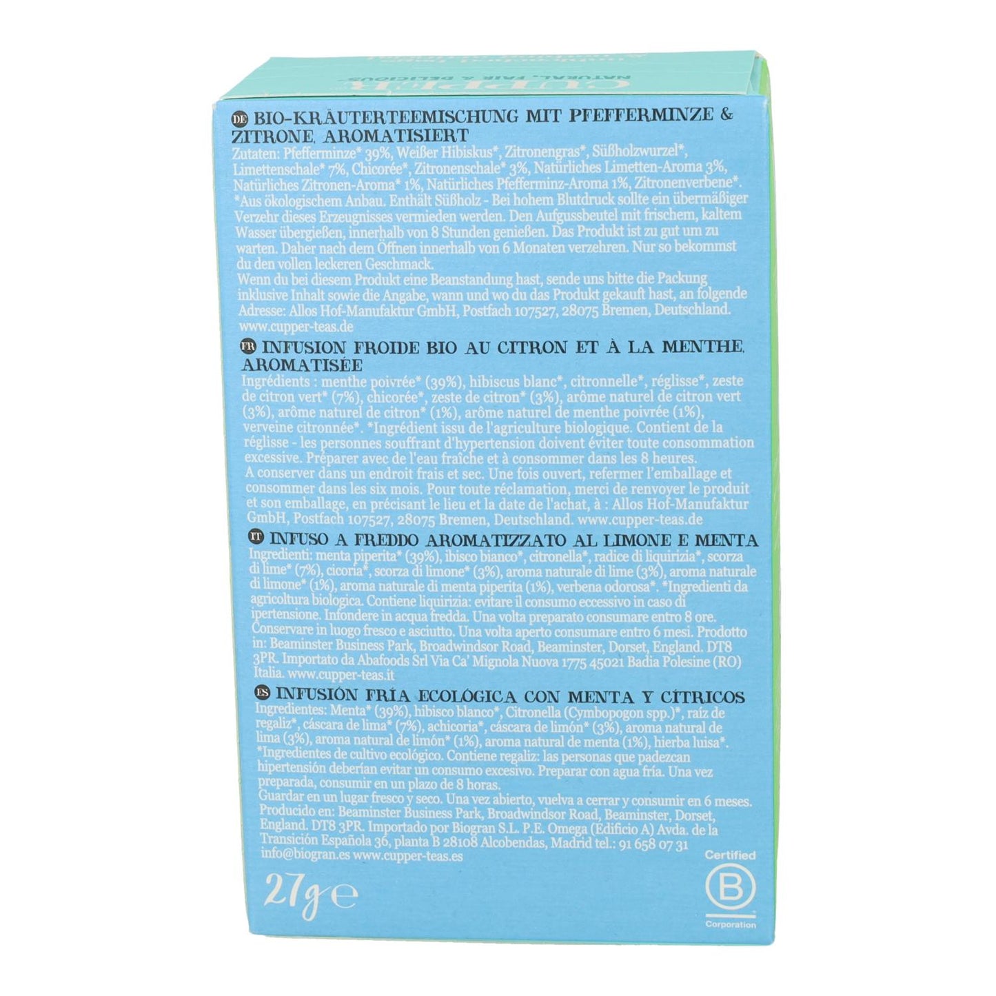 Infusão fria de menta e citrinos Bio Cupper 10 saquetas