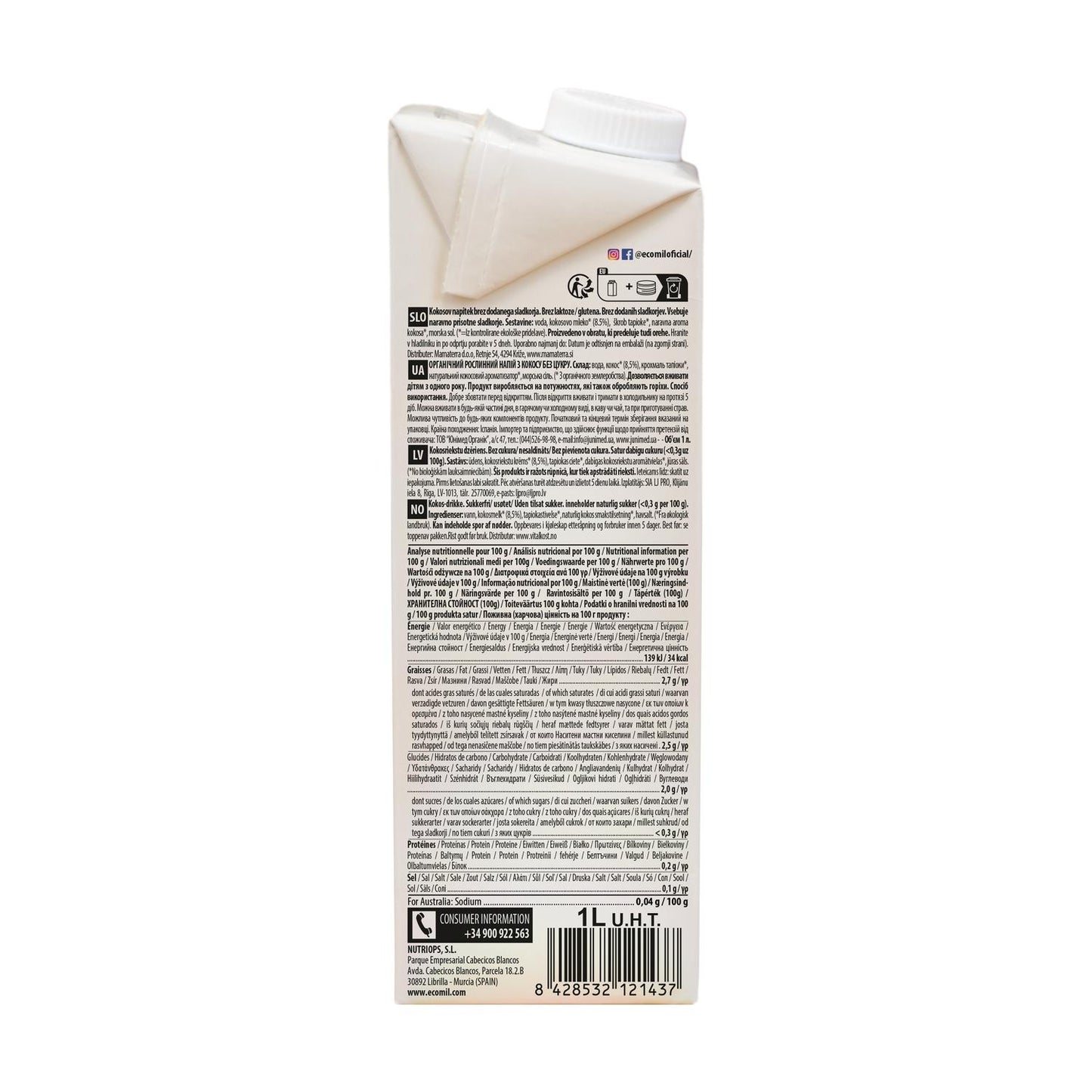 Pack de 6 bebidas vegetais de coco EcoMil 1L