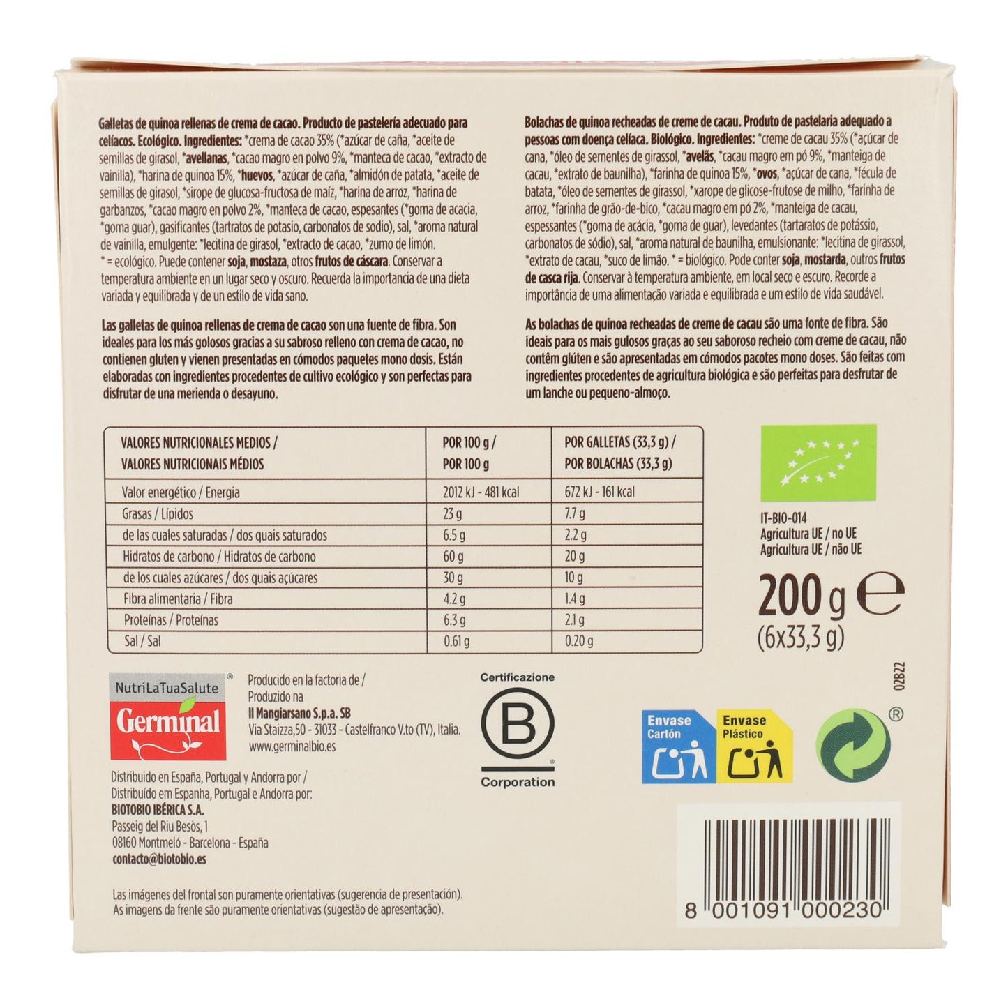 Bolachas de Quinoa Recheadas com Creme de Cacau Germinal 200g